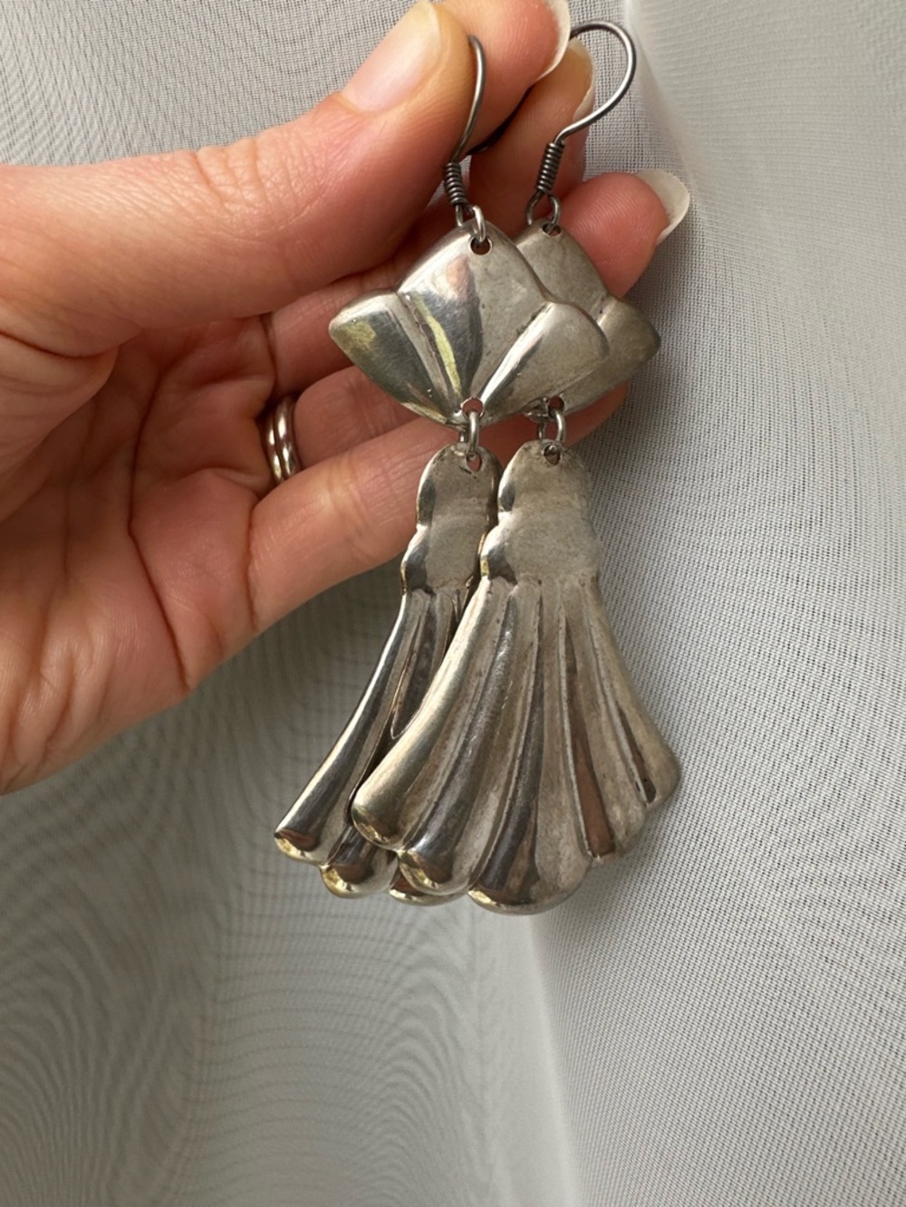 Sterling Silver Statement Drop Scalloped Fan Earrings - made in Mexico - Picture 3 of 6